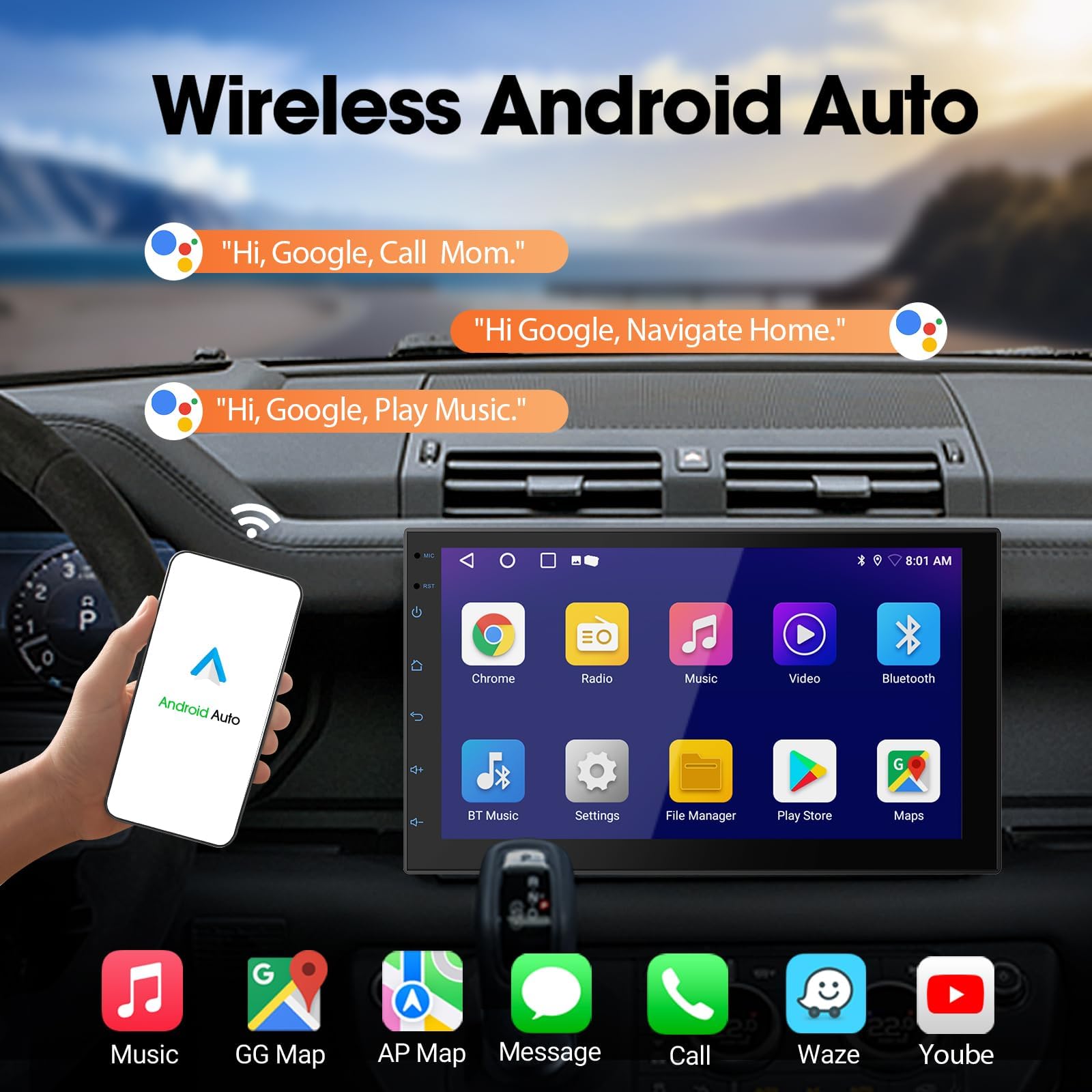7" Double Din Car Stereo with Wireless CarPlay & Android Auto, Touchscreen Car Radio with Bluetooth 4.1, HD Backup Camera, Mirror Link, GPS Navigation, WiFi, Voice Control, 2+32GB, FM/AM