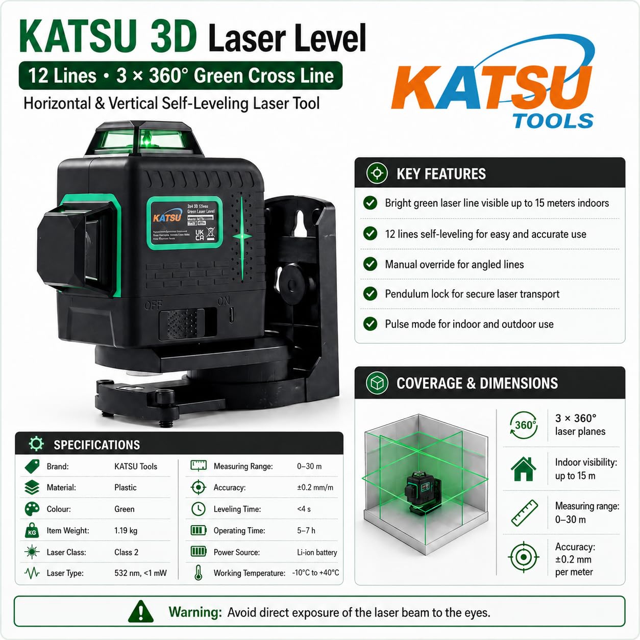 KATSU Niveau Laser 3D 12 Lignes, 3x360 Degrés Ligne Croix Verte Horizontale Verticale Auto-nivelant Carrelage de Sol Outil Laser avec Mode Impulsion pour Intérieur et Extérieur, 2X Piles Incluses