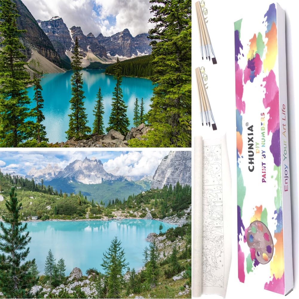 CHUNXIA Paint by Numbers Kit for Adults Beginner,2 Pack Rolled Canvas Wall Art Easy Painting by Numbers Kit Landscape Lake Decor Packaged in a Nice Box,12x16inch(255-256)