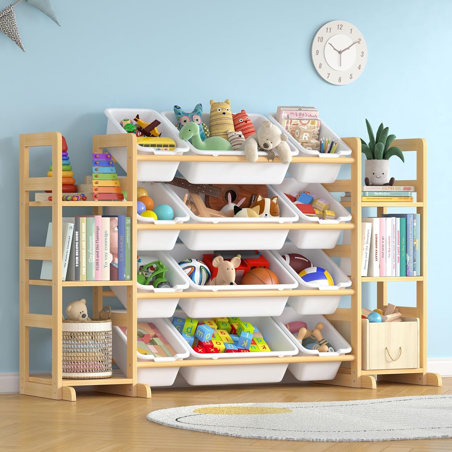 Large Toy Storage Organizer Kids Toy Organizer and Bookshelf Combo with 12 Bins and 6 Shelves Toy Organization Box Toy Shelf for Playroom, Bedroom, Nursery