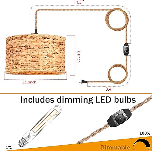 Miniatura 4 de Lámpara colgante de ratán con pantalla de bambú de mimbre de mano, luces colgantes bohemias con cable de enchufe e interruptor regulable, lámpara