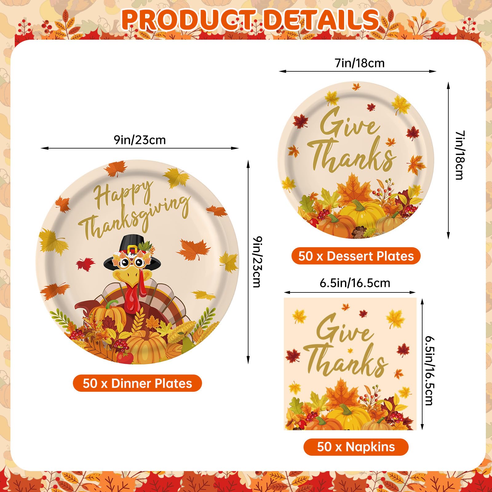 Juego de 150 platos y servilletas de Acción de Gracias – Vajilla redonda de Acción de Gracias, pavo de otoño desechable, platos de postre, vajilla para suministros de fiesta de Acción de Gracias,