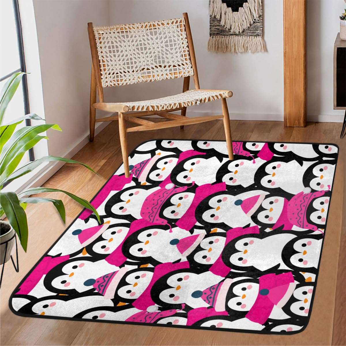 Grand tapis antidérapant chambre à coucher motif pingouin
