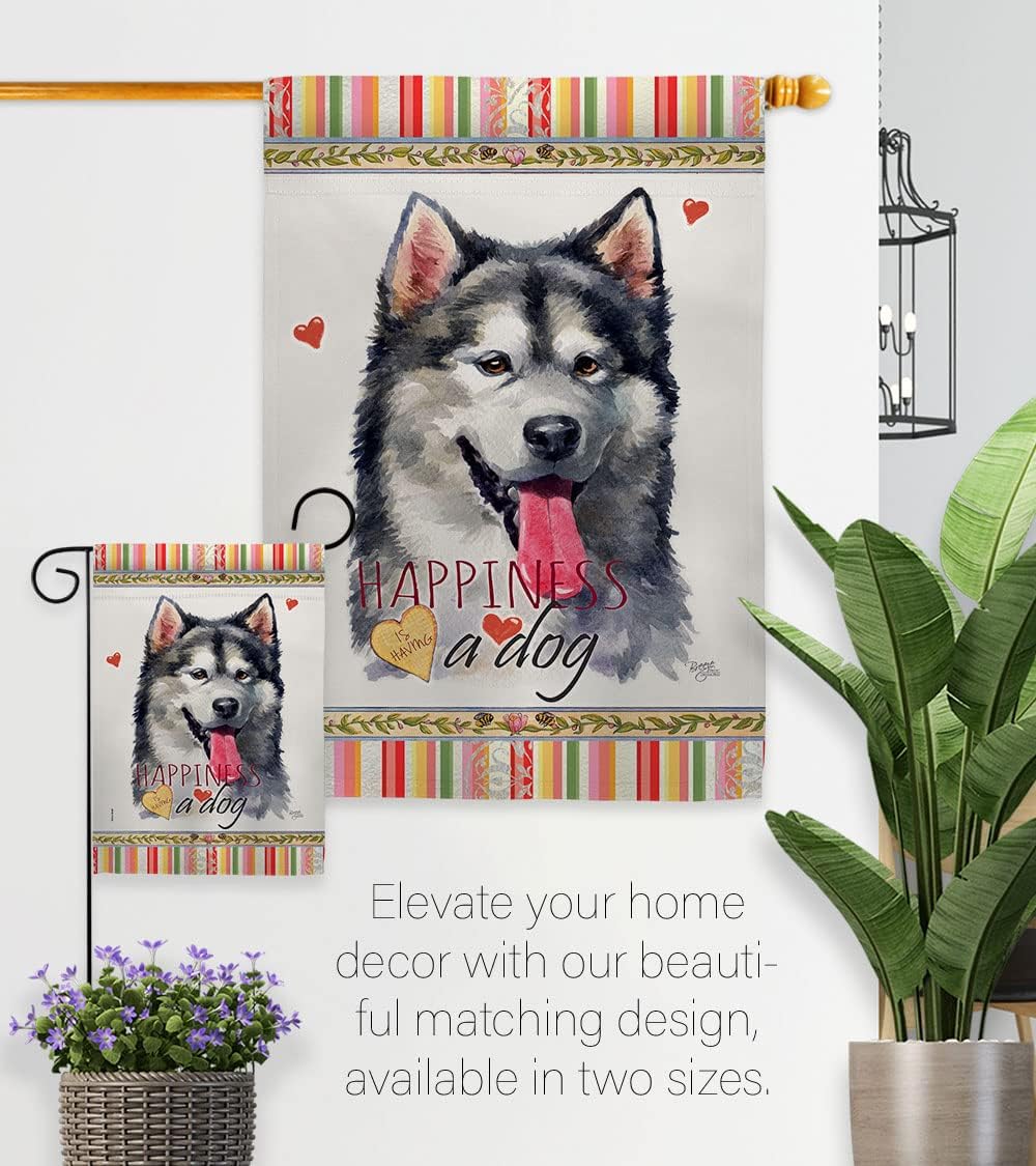 Breeze Decor Alaskan Malamute Happiness House Flag Pack Dog Puppy Spoiled Paw Canine Fur Pet Nature Farm Animal Creature Vintage Applique Banner Small Garden Yard Gift Double-Sided, Made in USA
