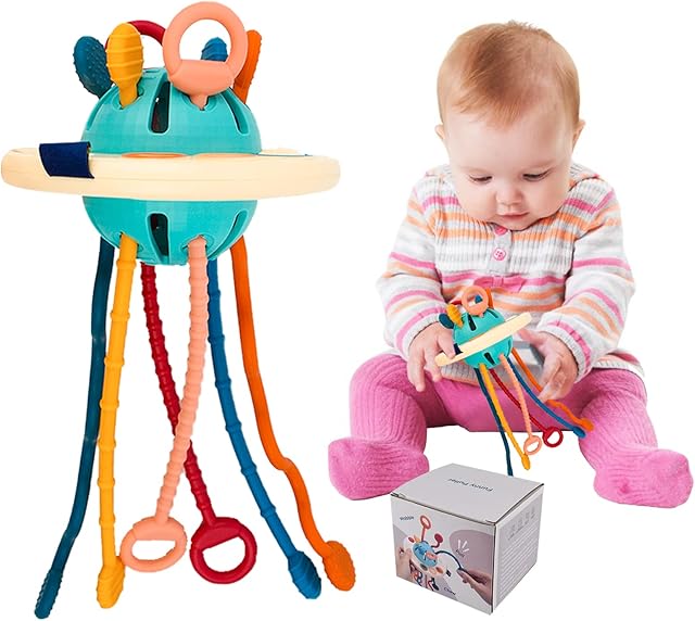 Surplex Baby Sensory Montessori Toy for 6-18 Months, UFO Soft Food Grade Silicone Pull String Activity Toy, Fine Motor Skill Development Travel Toy, Christmas Birthday Gifts for Toddlers 1-3 Boy Girl