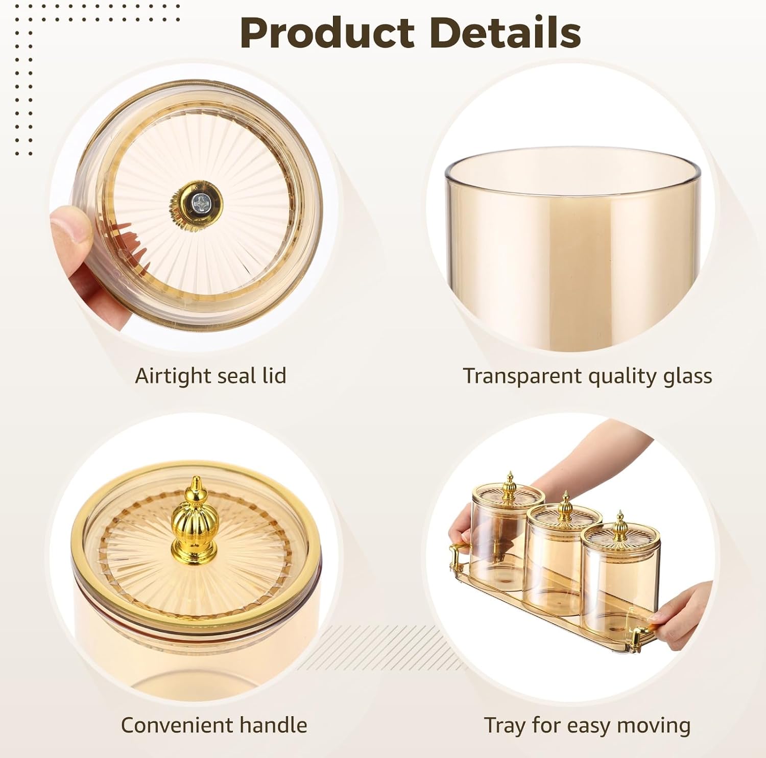 Glass Storage Jars Set with Lid, 3 Pcs, Clear Kitchen Canisters, Airtight Seal, Handles Tray, 12.2 X 5.31 X 3.74 in, for Bathroom