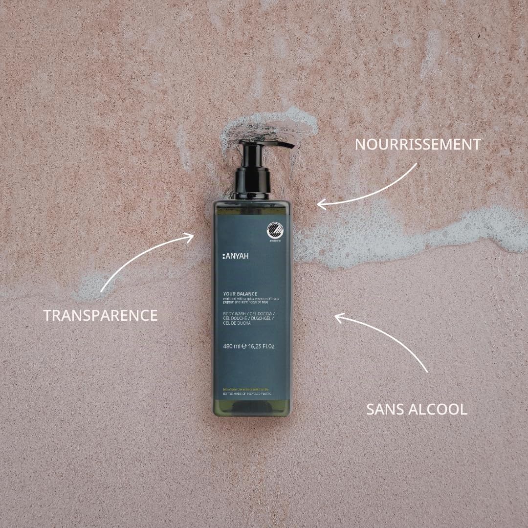 Anyah – Gel Douche - 4x480ml - Lot de 4 - Non Rechargeable - Avec Précurseur de l'Acide Hyaluronique - Testé Dermatologiquement - Savon pour le corps - Fabriqué et Conditionné en Italie