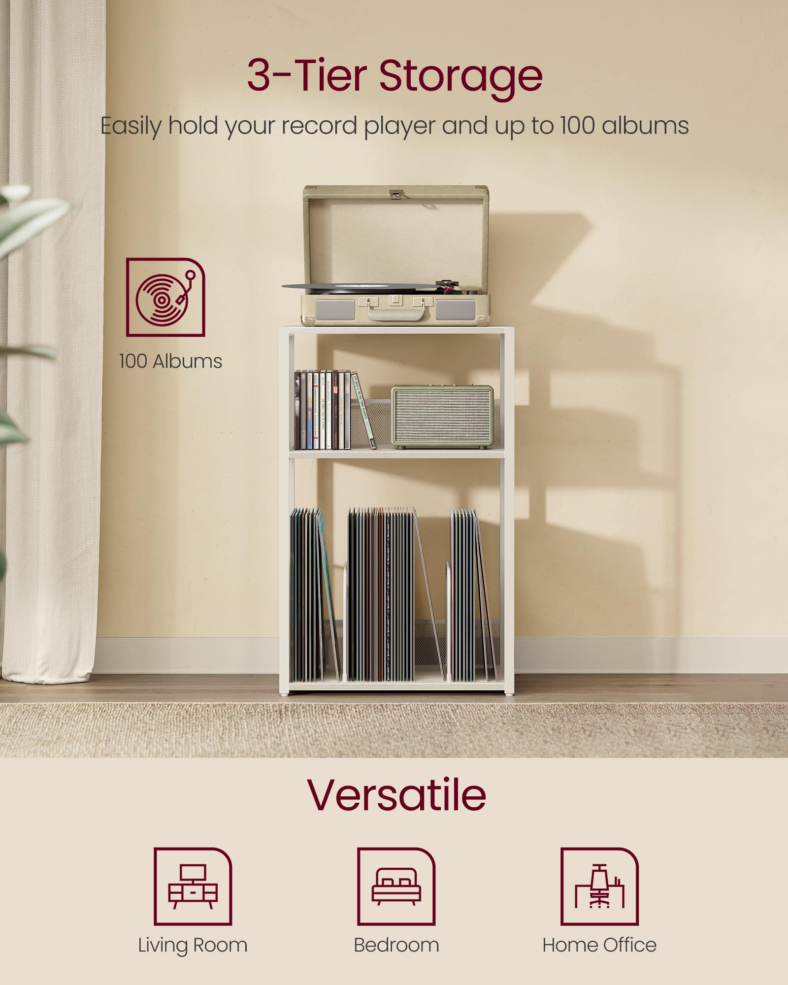 VASAGLE ULET275W01 - Supporto per giradischi, tavolino a 3 ripiani per dischi in vinile, fino a 100 album, tavolino per soggiorno, camera da letto, bianco rustico