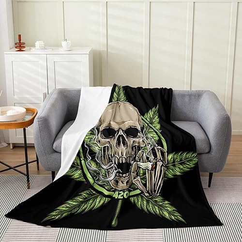 Manta de franela de calavera de muerte para niños y adolescentes, manta de hojas de marihuana tamaño Queen para sofá, cama, dormitorio, sofá,