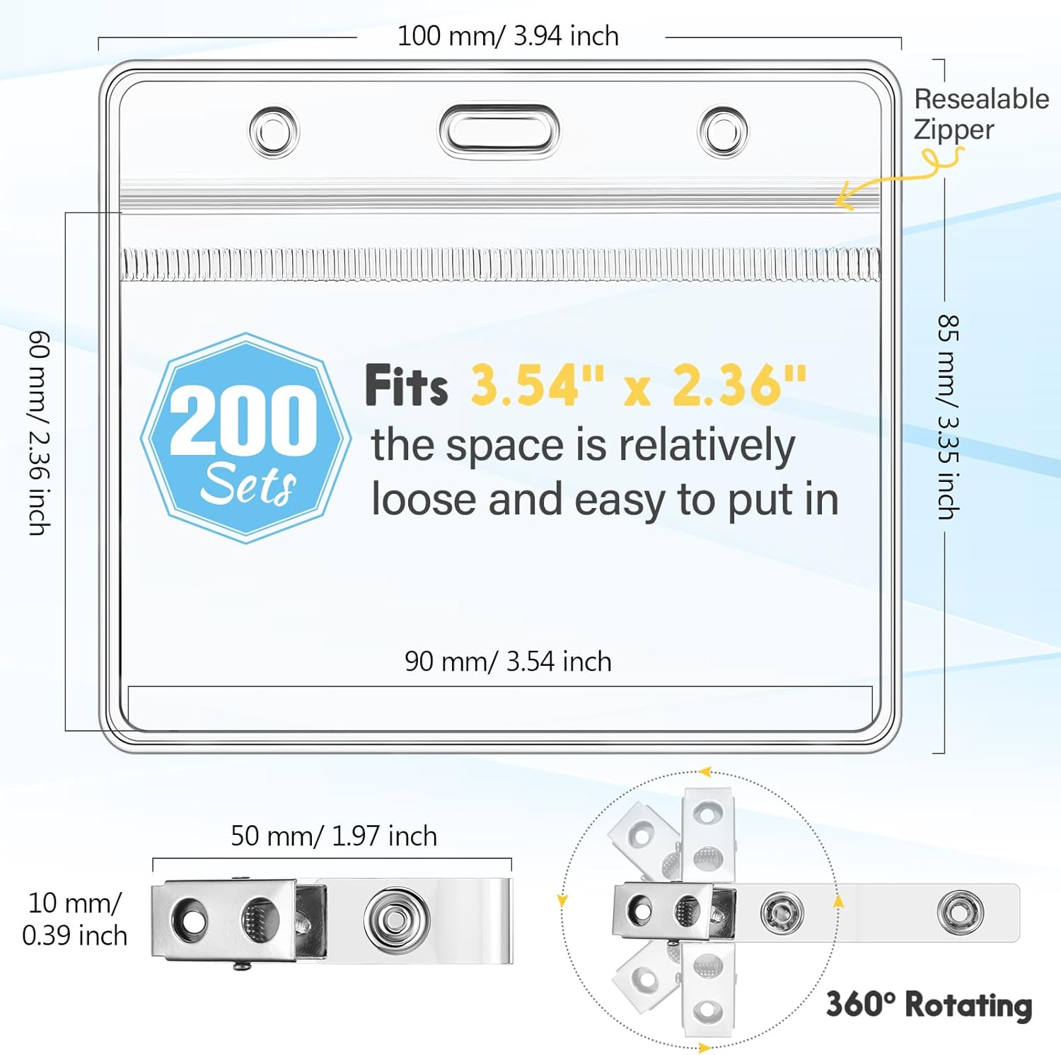 Zonon 200 Sets Name Tags with Clips Name Badge Holders Clip on Waterproof PVC ID Holder Transparent Tag Holder with Resealable Zipper Seal and Metal Badge for Teacher Worker