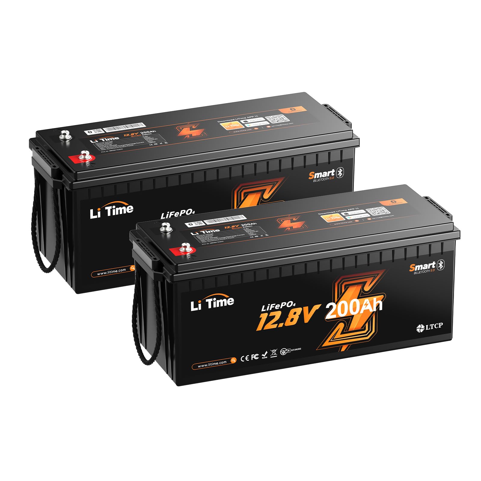 2Pack 12V 200Ah LiFePO4 Lithium Deep Cycle Battery Bluetooth, Low-Temp Protection, 2560Wh Energy Max. 1280W Load, Built-in 100A BMS, Up to15000 Cycles, Perfect for RV, Solar Energy Storage