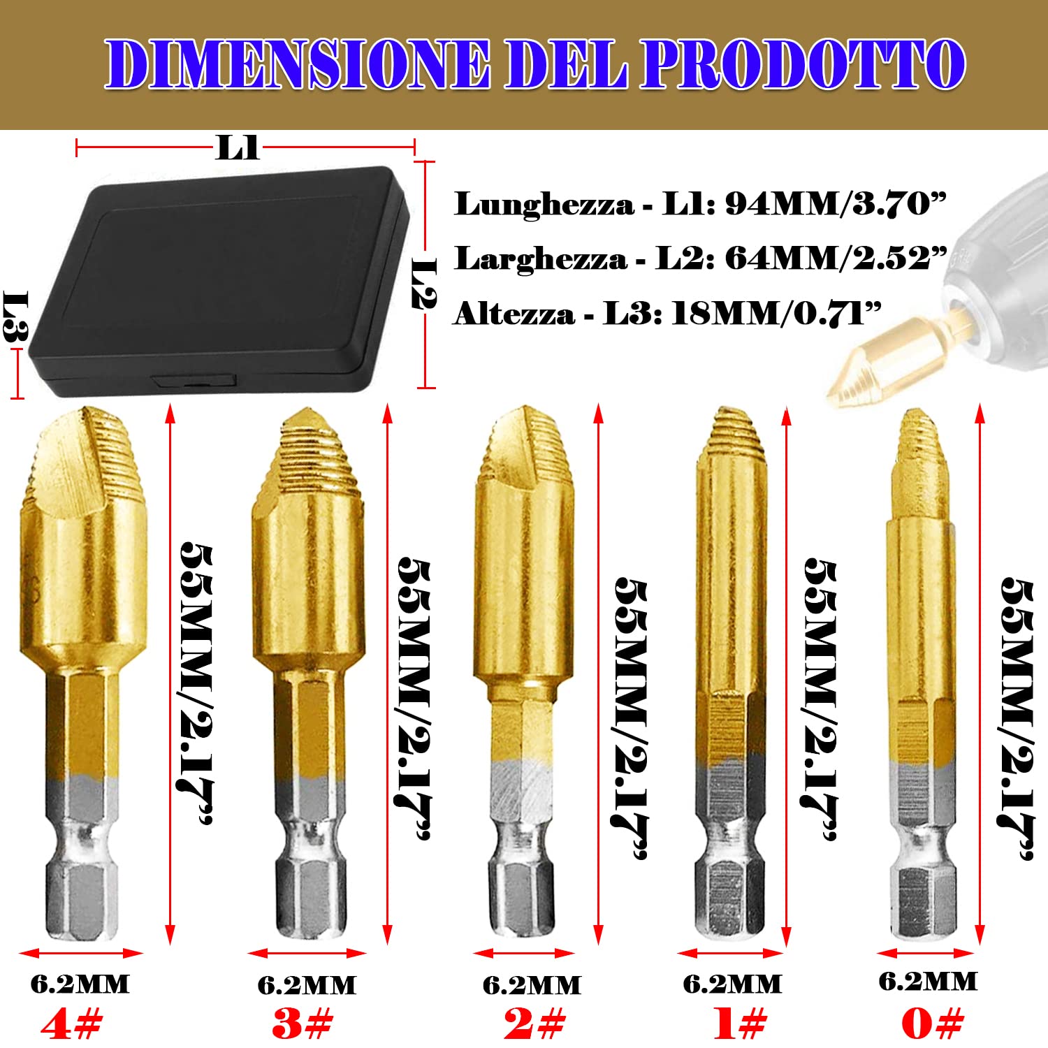 Set Di Estrattivo Per Bulloni A Flauto A Spirale Da 5pc  14mm 18mm Easy Out Screw Extractor - Foto 4