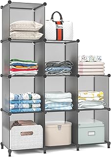 Wolizom Cube Storage Organizer, 9-Cube Grey Closet Storage Shelves, Modular Units, Closet Cabinet, Portable DIY Plastic Book Shelf Shelving for Bedroom, Office, Living Room (12 * 12 in/Cube)