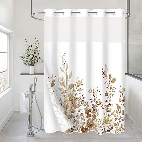 Miniatura 17 de Gibelle Juego de cortina de ducha sin gancho con forro de tela a presión, estilo hotelero verde salvia con hojas de planta, cortina doble