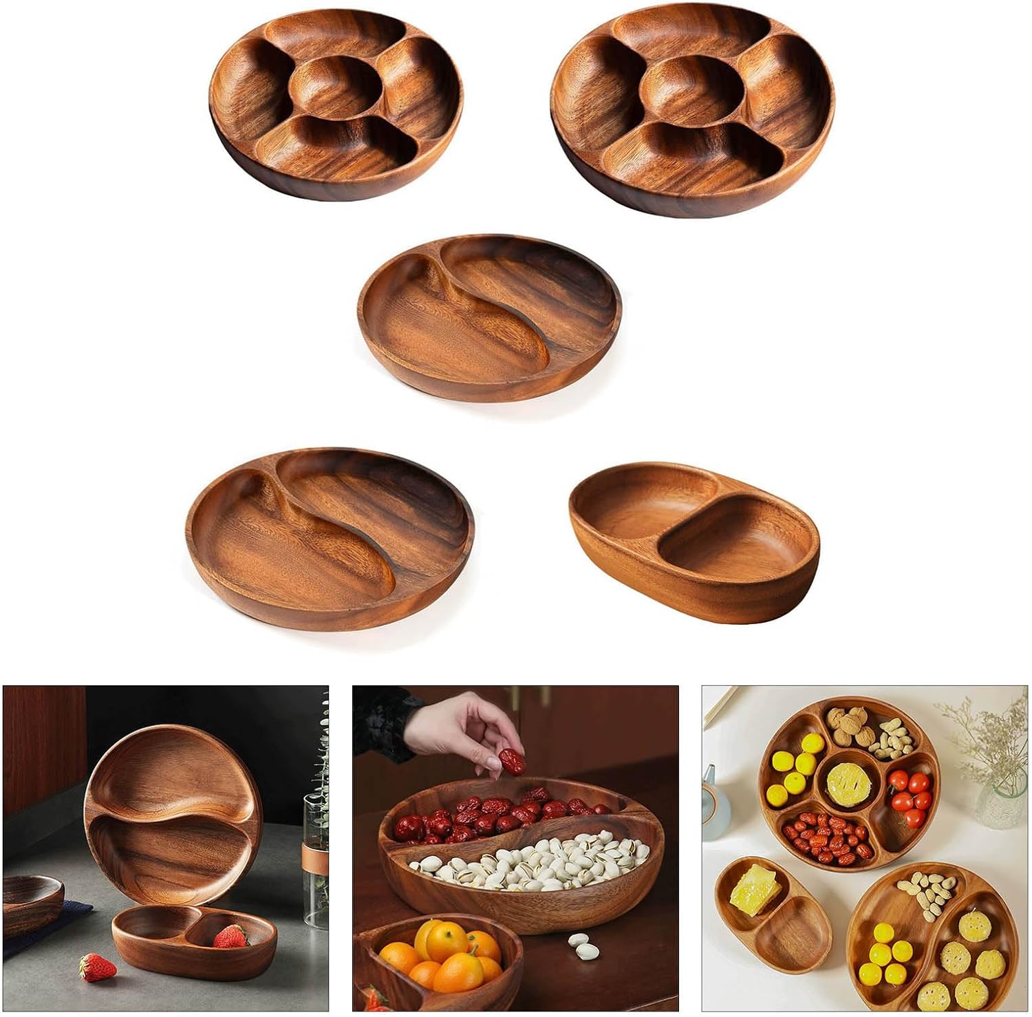 Candy Bowl Wood Divided Servings Tray Fruit Plate Appetizer Platter for for Farmhouse Kitchen Dining Room Easy to Use