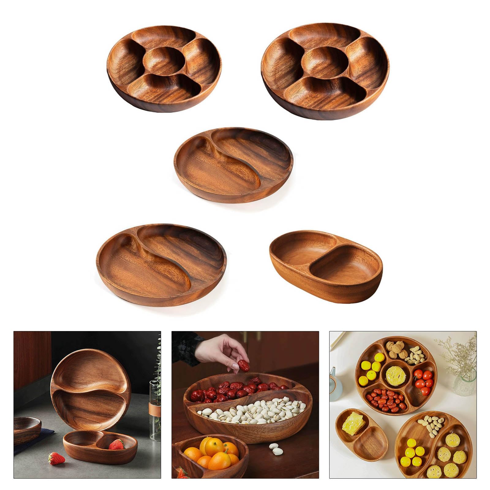 Fruit Plate Dry Food Storage Tray Wood Divided Servings Tray Snacks Platters Tray for Fruit Nut Snacks Enduring