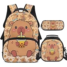 Boba Capybara Backpack for Girls Cute School Bag with Lunch Bag Pencil Box 3 Piece Large Capacity Girls Bookbag Ages 6-8 for Elementary School Preschool Casual Daypacks Backpacks