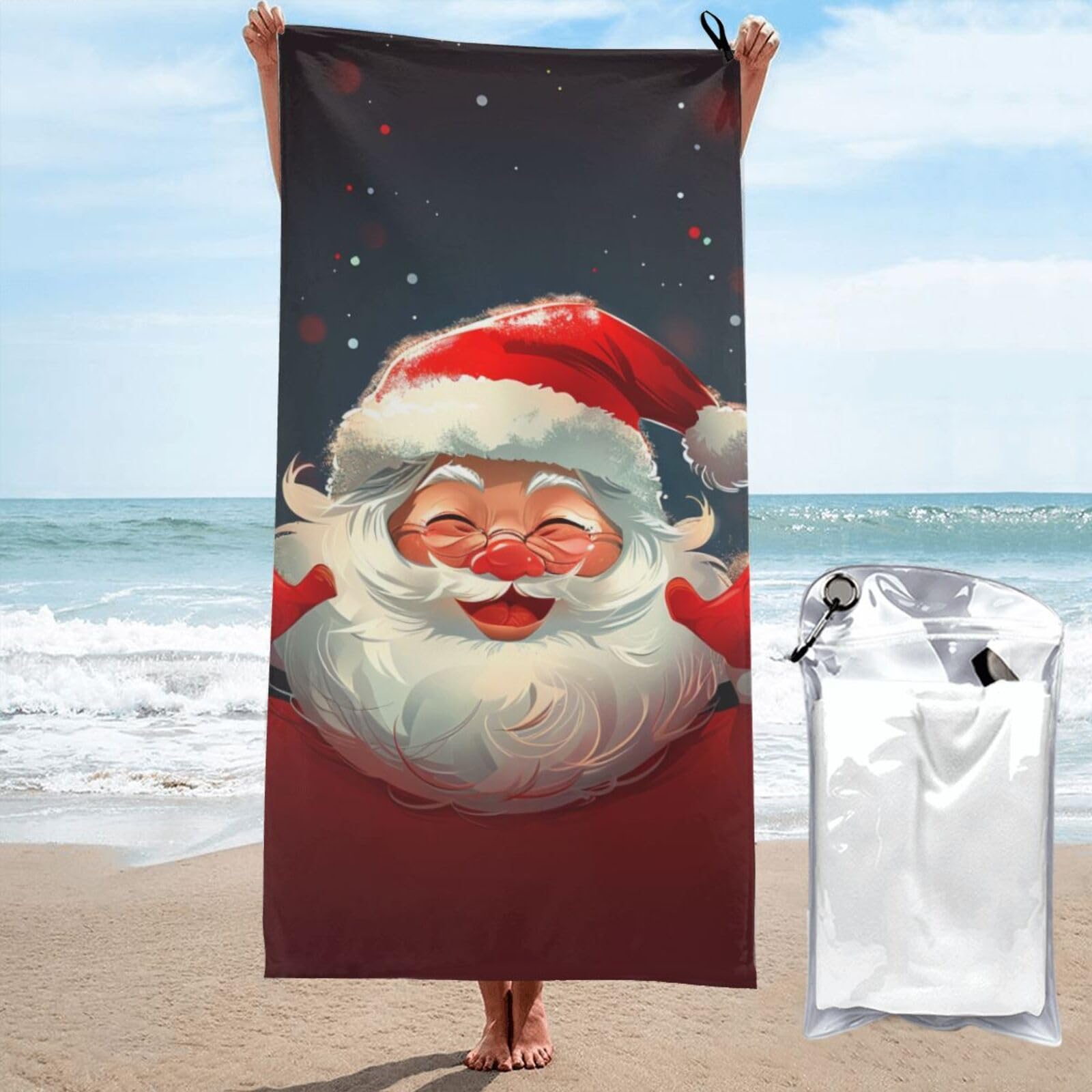 BWWHCCTI Cute Santa Claus Print Printed Microfiber Quick Dry Beach Towel 70x140 CM, Fast Drying Bath Towels with Bags for Travel,Camping,Gym,Beach,Swimming,Yoga