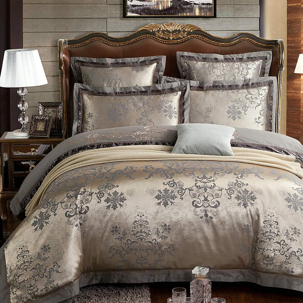 Parure de lit en soie TXQHD 6 pièces lit double King Size gris à fleurs - 8