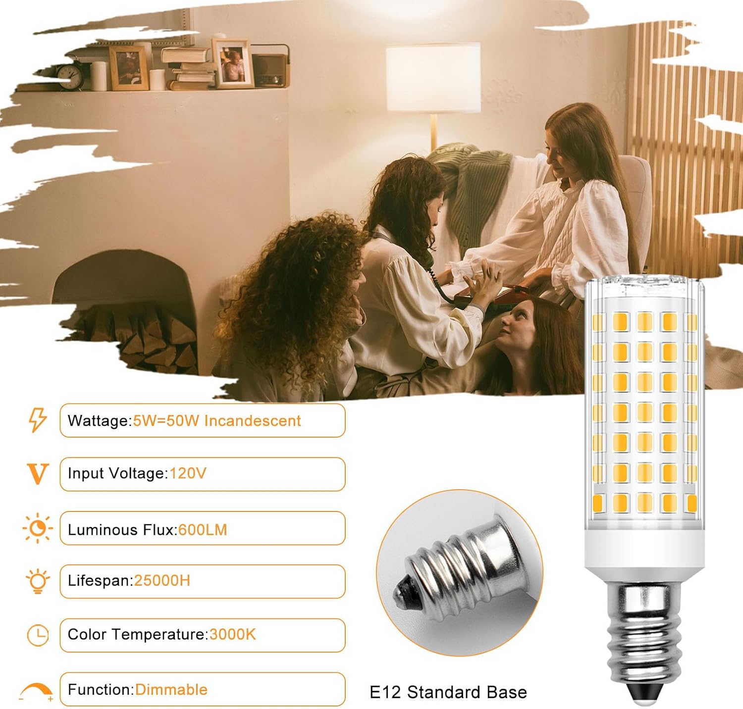 Dimmable E12 Led Bulbs 3000K Warm White 5W, Replace 40W-50W E12 Halogen Equivalent, T6 Base 120V E12 C7 LED Candelabra Bulbs for Ceiling Fan Chandelier Lighting, 5 Pack