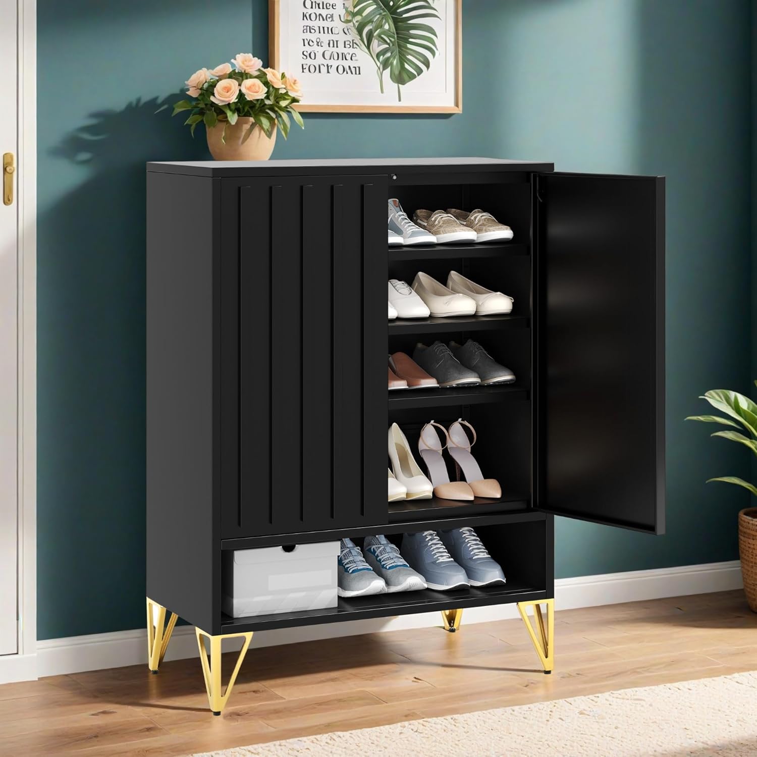 DWVO 5-Tier Fluted Shoe Cabinet with Doors, Steel Shoe Rack with Adjustable Shelves, Modern Entryway Organizer Storage Cabinet for Hallway Foyer Living Room, Black