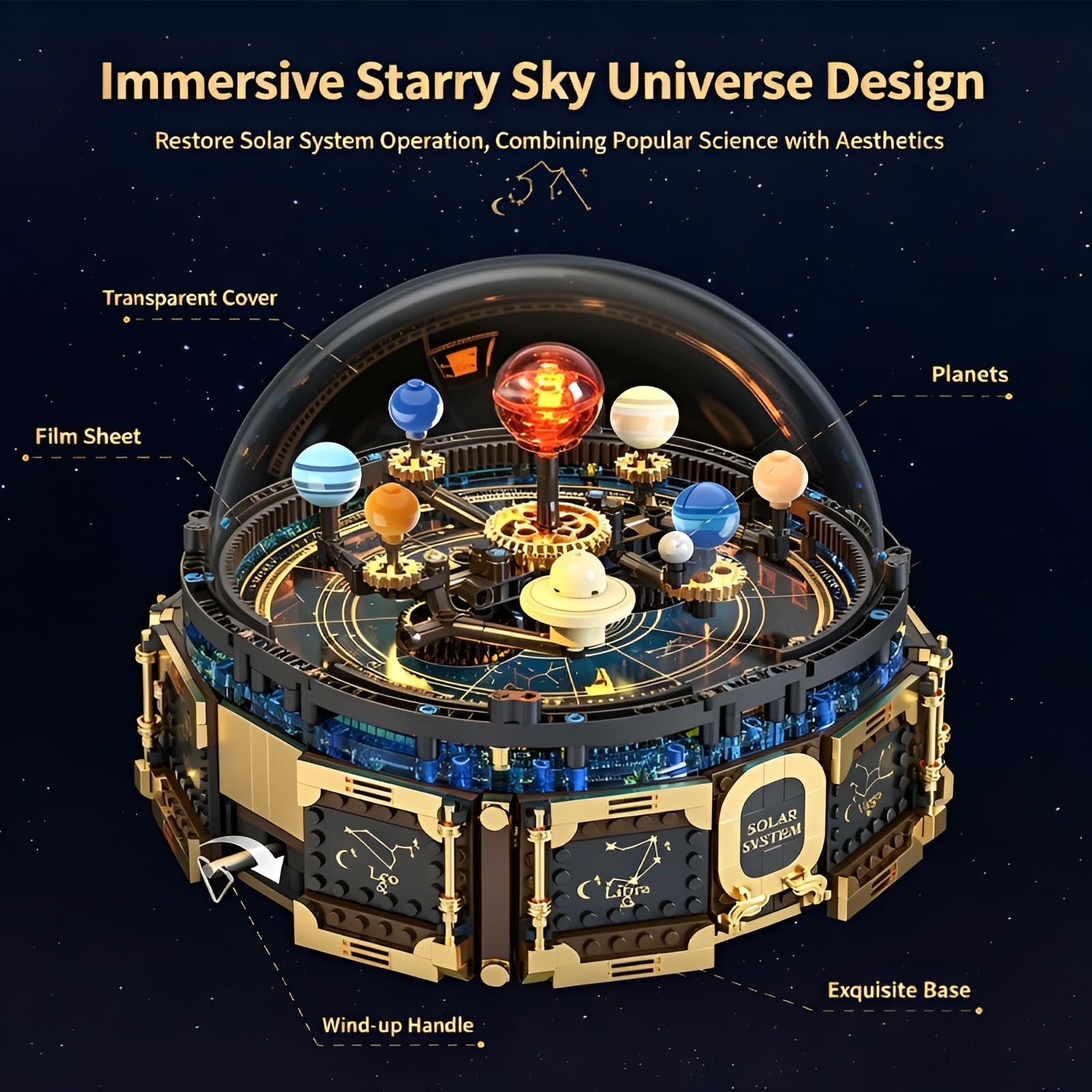 Technick Solar System Orrery Bausatz, 989Teile Rotierendes Planetenmodell mit Spieluhr, Astronomische Kuppelausstellung, Vintage Kosmische Deko, Kreative Geschenke für Weltraum-Enthusiasten