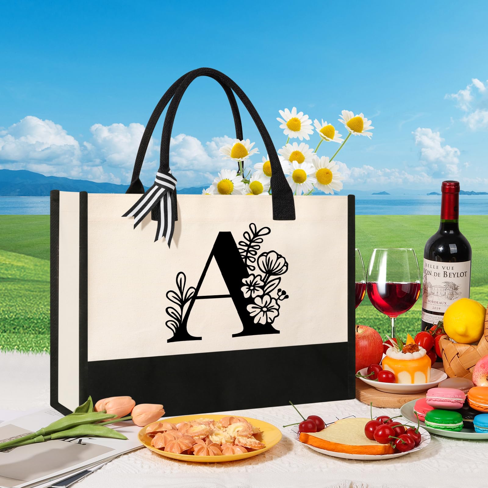 Personalisiertes Leinen-Tragetasche Mit Initial – 43,2x30x19,8 Cm, Inkl. Make-up-Tasche, Geschenk Für Frauen, Mütter, Freundinnen