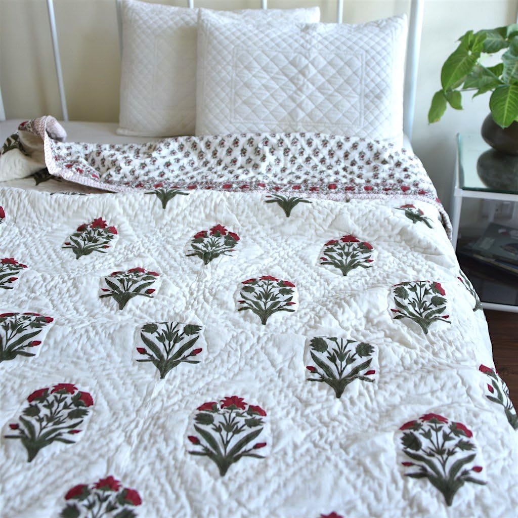 Bundi, Jaipuri Quilt/ Razai, Hand Block Printed and Handmade ~ Queen Size 90X60 Inches