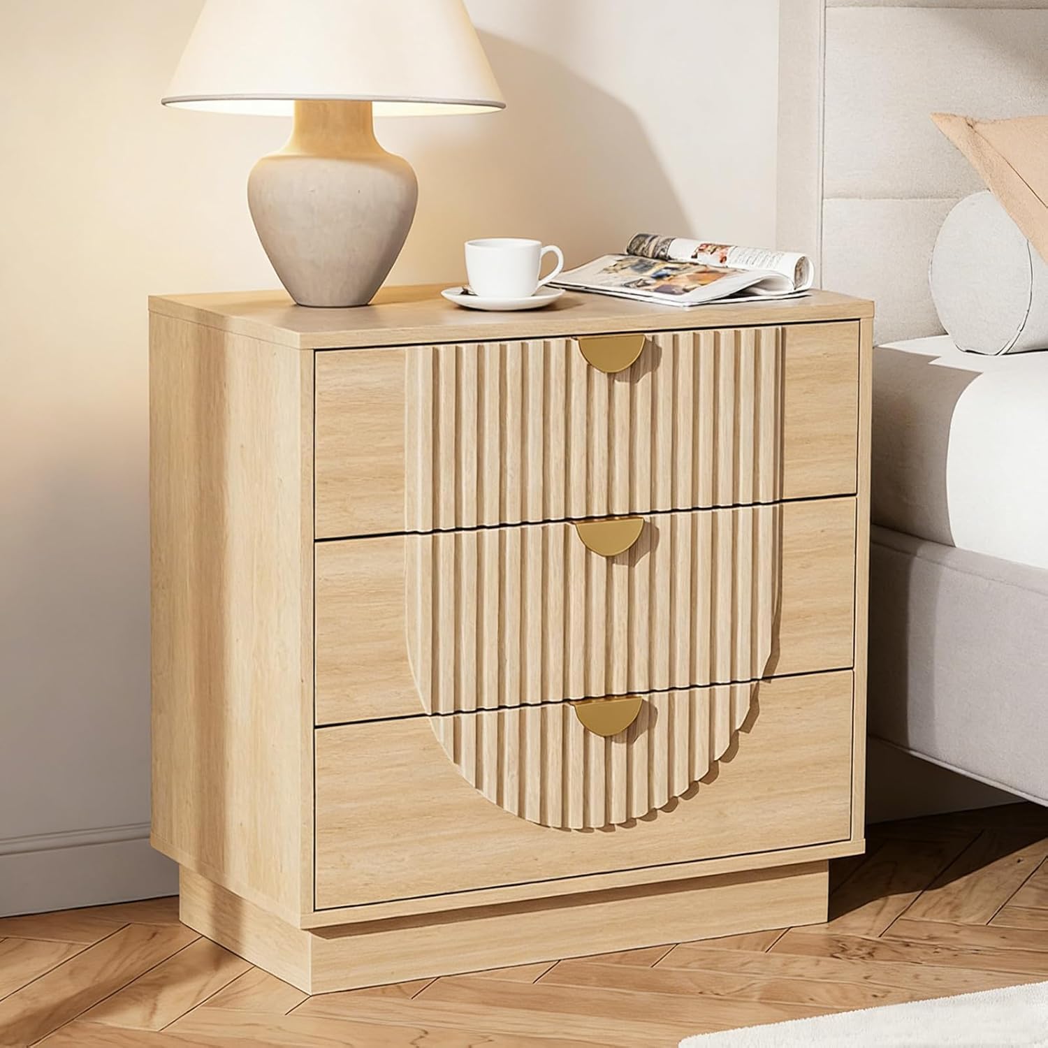 3 Drawer Nightstand with Charging Station,28" Fluted Night Stand & Modern Bedside Table, Wood End Table Storage Cabinet for Bedroom Hallway, Entryway,Caramel Brown