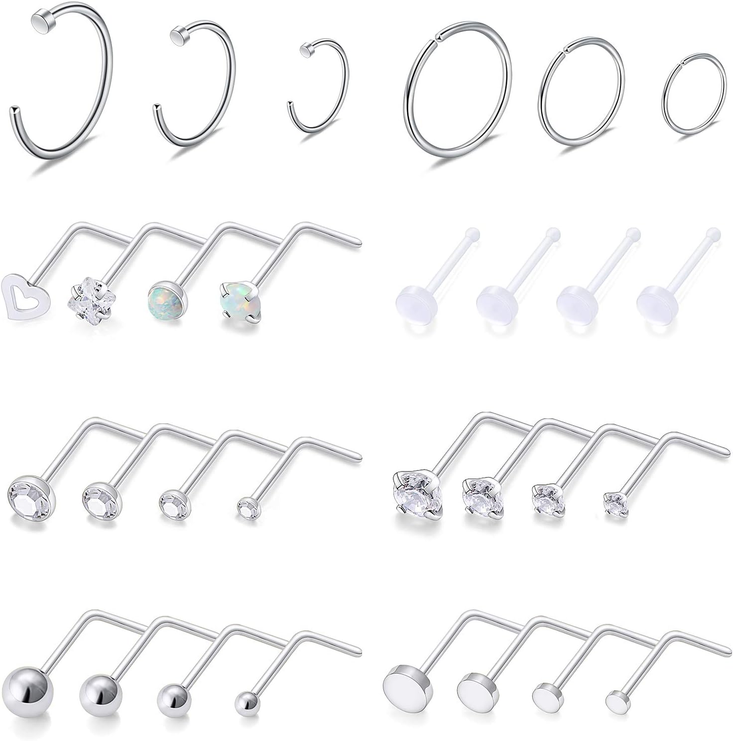 SCERRING 18G Stainless Steel L-Shaped Nose Stud Rings Tragus Lip Hoop Piercing Jewelry 1.5-3mm Clear CZ 8-30PCS