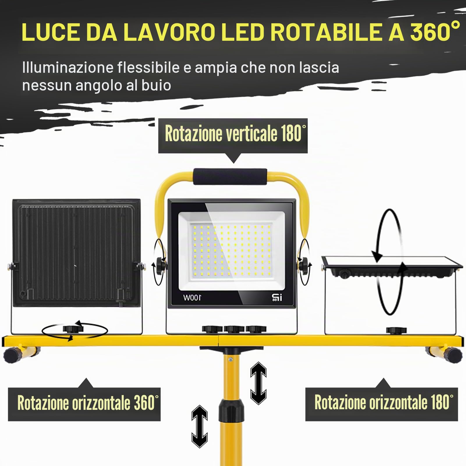 Faretto da Cantiere com Treppiede Telescopico 300W, 30000LM 6500K Faro LED da Cantiere Portatile, Luce Bianca 6500K IP66 Impermeabile Faretto Lavoro con Cavo 3m, Rotazione 360°