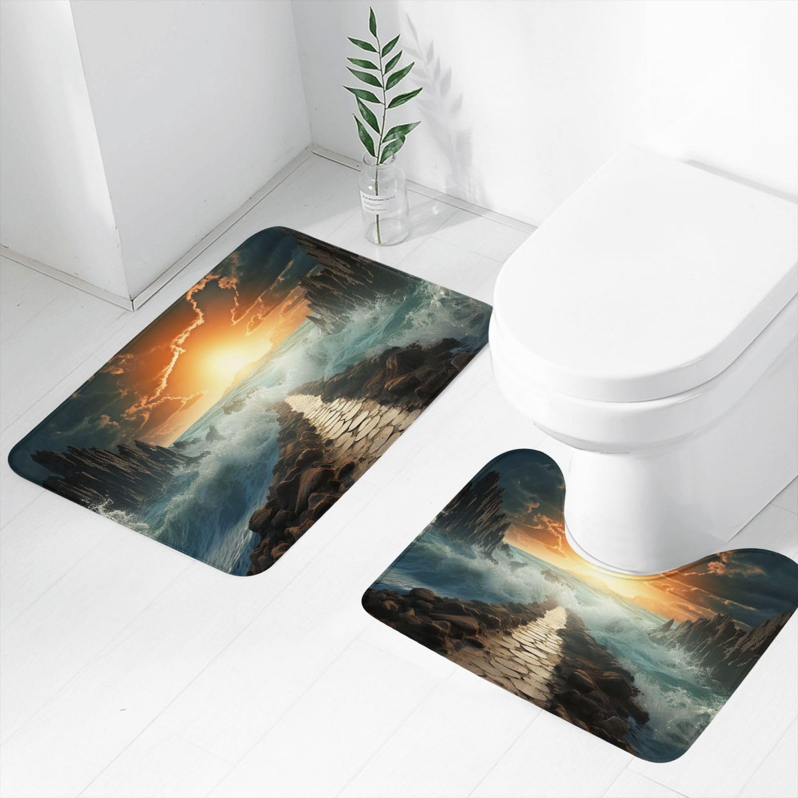 Tapis de bain en lot de 2 avec contour de WC en U antidérapant et absorbant gris