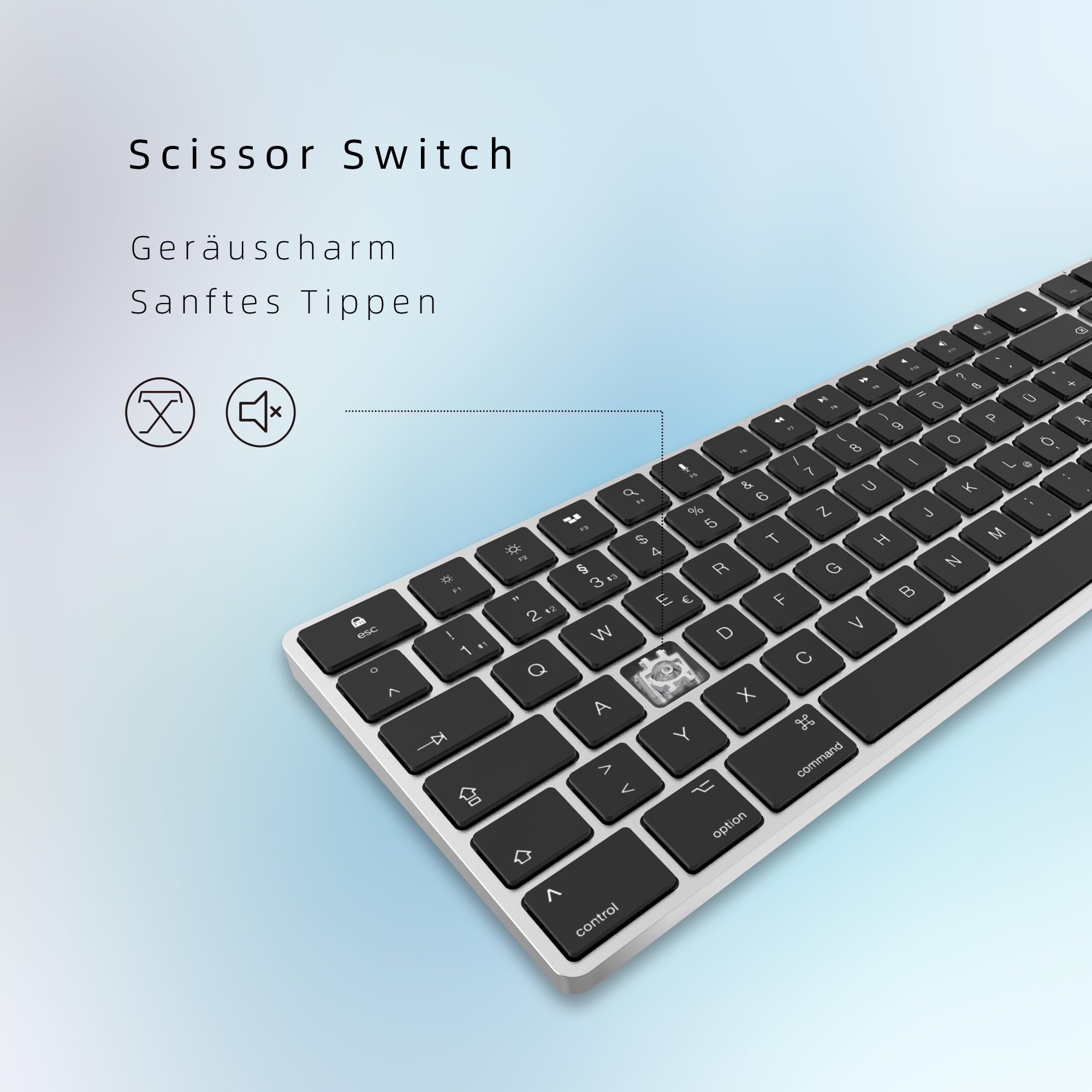 Bluetooth Aluminium Wireless Tastatur für Mac, Low-Profile und leise Tasten für Multi-Device Kompatibel mit Apple iMac, MacBook, Mac und iPad, wiederaufladbarer Akku, Silber Schwarz - KB-K2-SV-DE