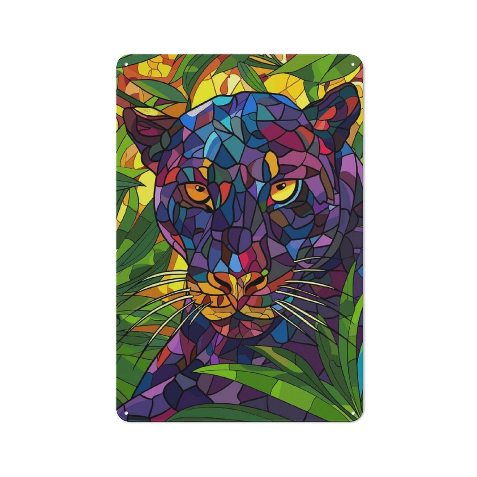 Junmoney Style-20 Stained Glass Black Panther In Jungle Decorative Metal Plaque 30X20cm, Loft Style Urban Room Decor For Flat, Bar, Studio Or Gallery Wall