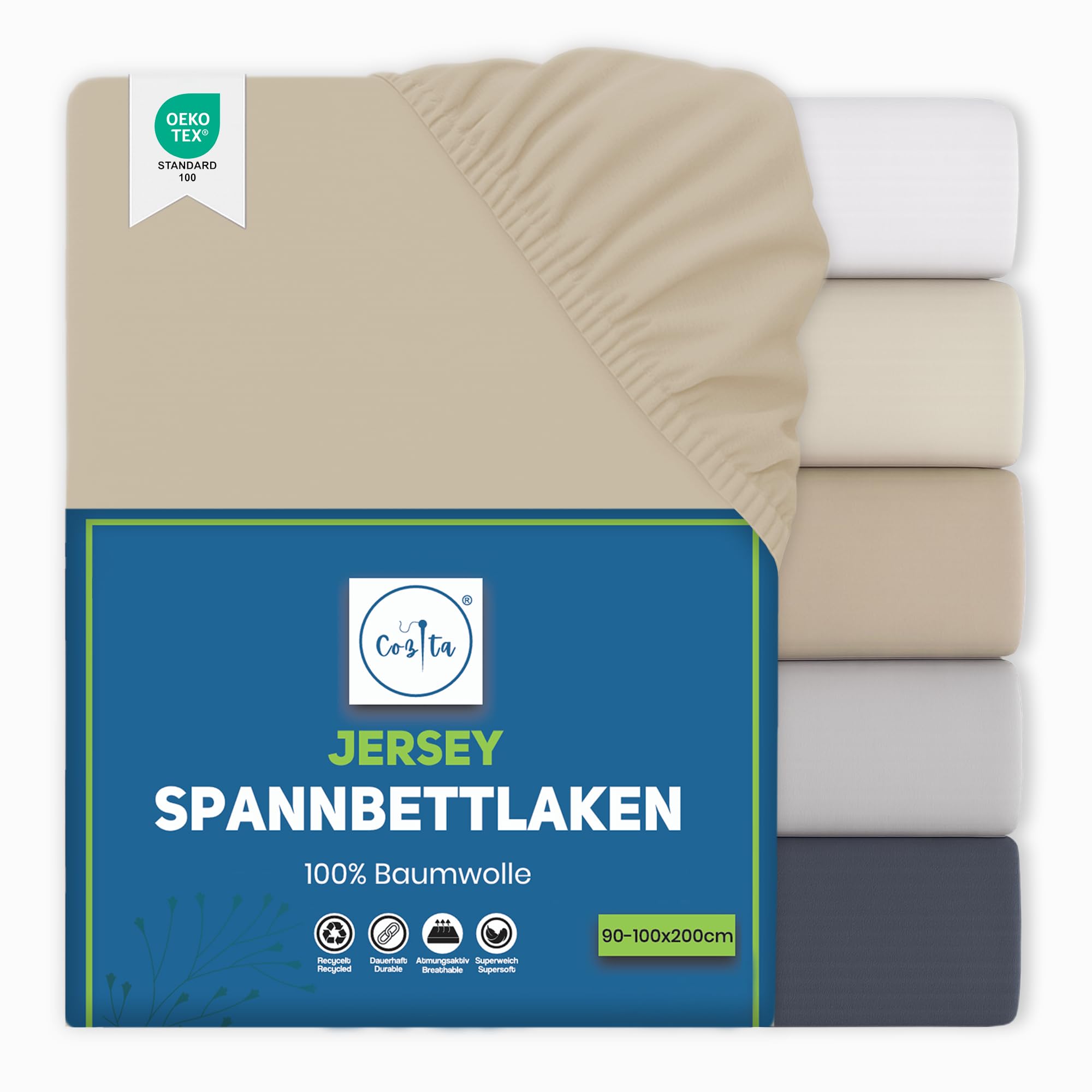 Cozita Basics Spannbettlaken 90x200cm - 100% Baumwoll Jersey Bettlaken, Öko-Tex Zertifiziert, bis 25 cm Matratzenhöhe – Beige