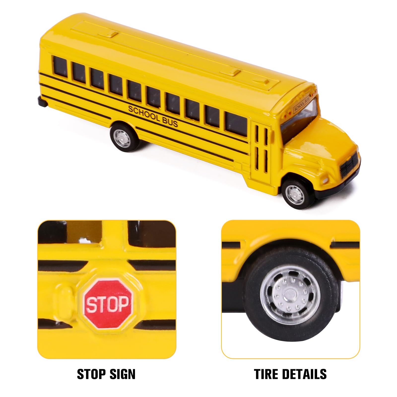 Paquete de 2 juguetes de autobús escolar amarillo brillante, 5.5 pulgadas, vehículos de juguete de fricción de metal fundido a presión para niños y niñas 3