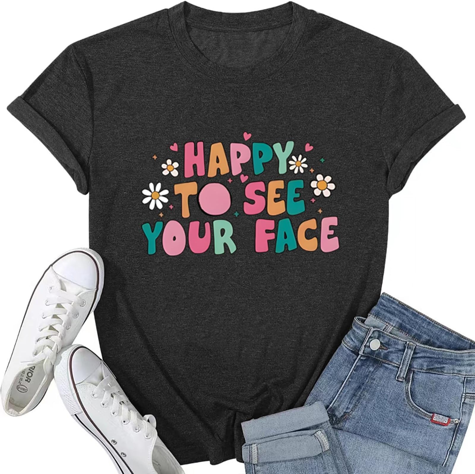 otistylTeacher Shirts for Women Happy to See Your Face Shirt First Day of School Teacher T-Shirt Appreciation Tee Gifts