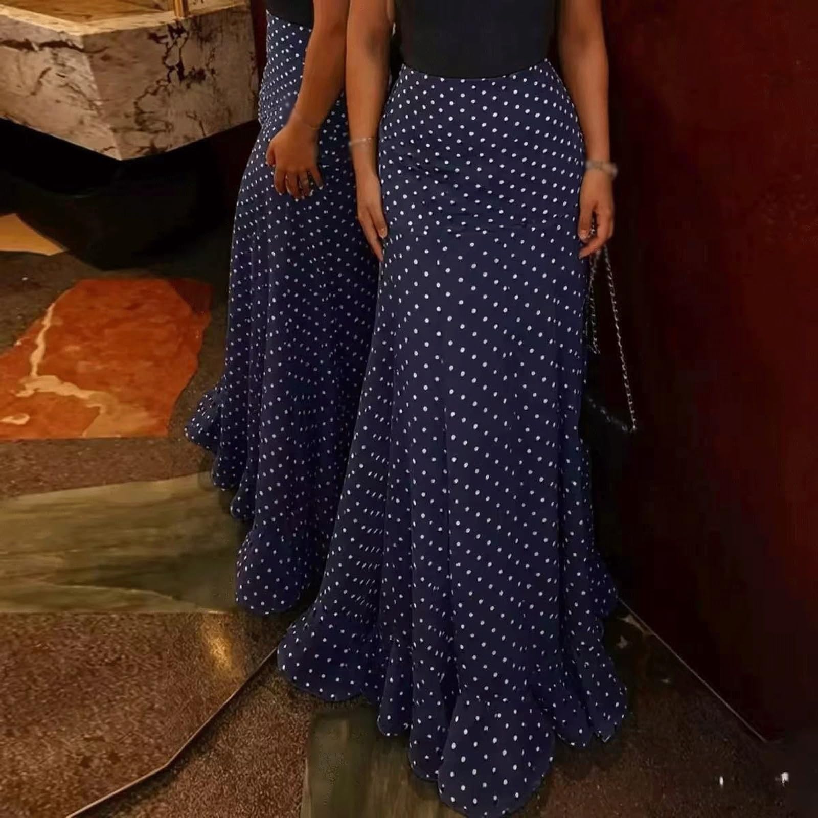 DUddTTW Slim Women's Midi Skirt Polka Dot Midi Length Flowy Skirt High Waisted Swing Skirt Maxi Skirts Ankle Length Skirts Fashion(Navyblue,M)