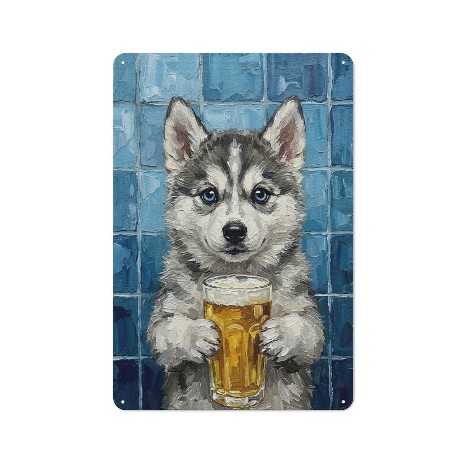Junmoney Style-9 Husky Puppy With Beer Painting Rustic Metal Wall Decor 30X20cm, Decorative Metal Plaque For Shed, Garden Room, Porch Or Garage