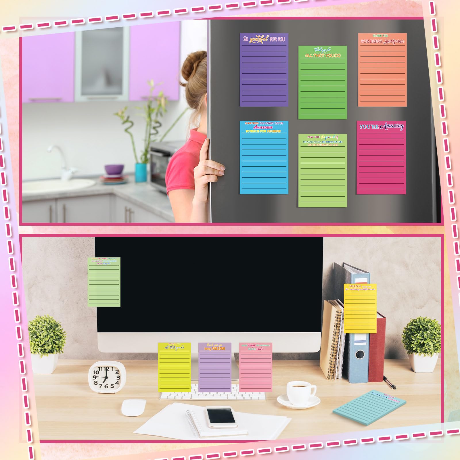 Yinder Lot de 24 blocs de notes adhésives inspirantes avec lignes de motivation colorées pour femme, employée, infirmière, enseignante, école, bureau (remerciement) 10,2 x 15,2 cm