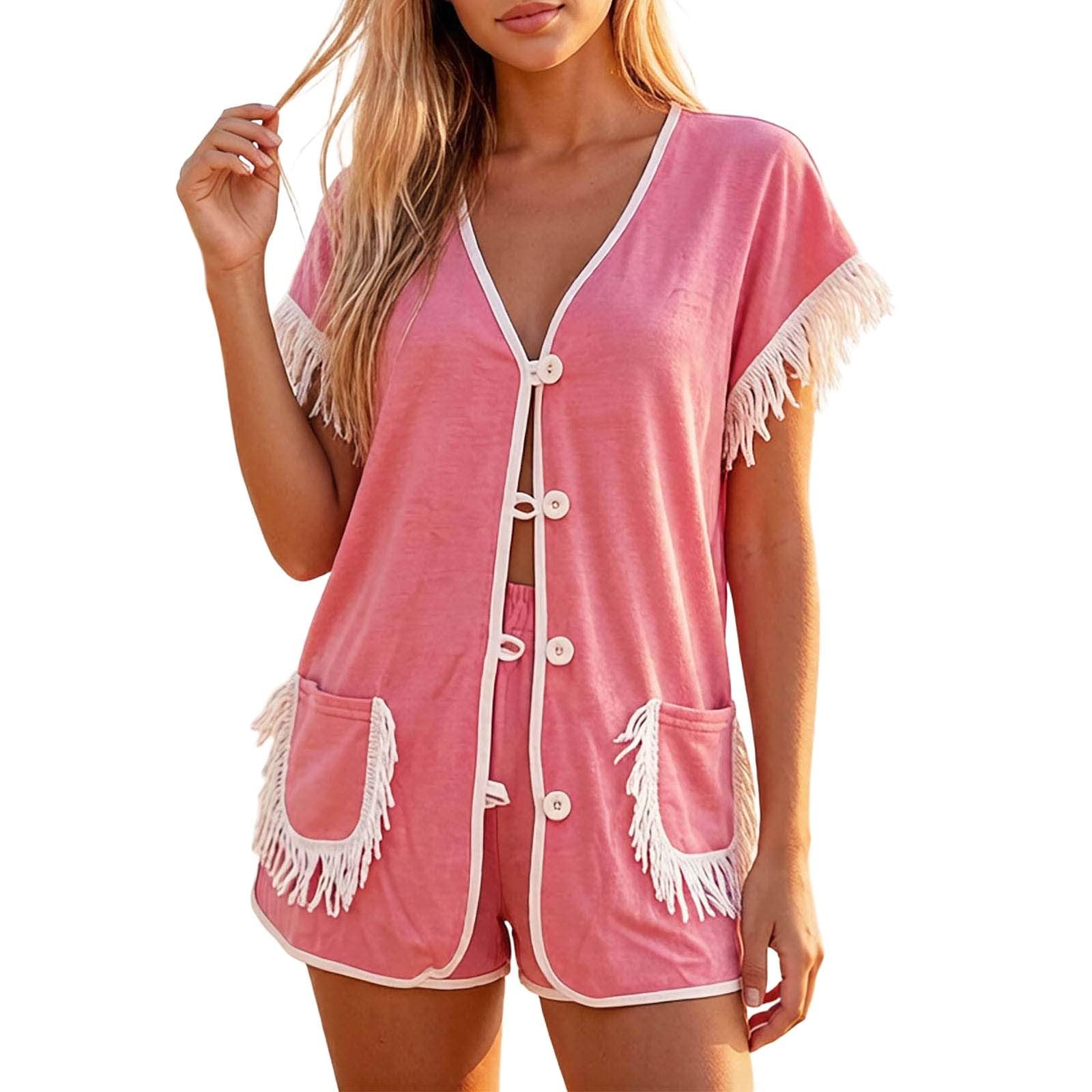 Générique Pyjama Femme Short Ensemble Été - Deux Pièce Ensemble De Pyjama À Frange Comprend Manche Courte Un Short Tenue Léger Respirant Confort Pyjama Mode Décontracté Boutonnée Vêtement avec Poche