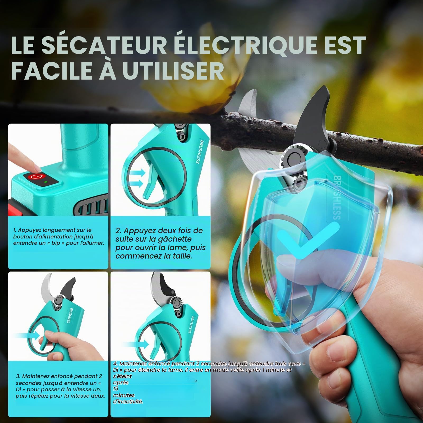 Secateur Electrique Sans Fil, 33mm, 800W Motor Sans Balais Secateur Electrique Professionnel avec 2 x 2000 mAh & Lames de Rechange & Boîte,Sécateur pour l'élagage des arbres et le jardinage
