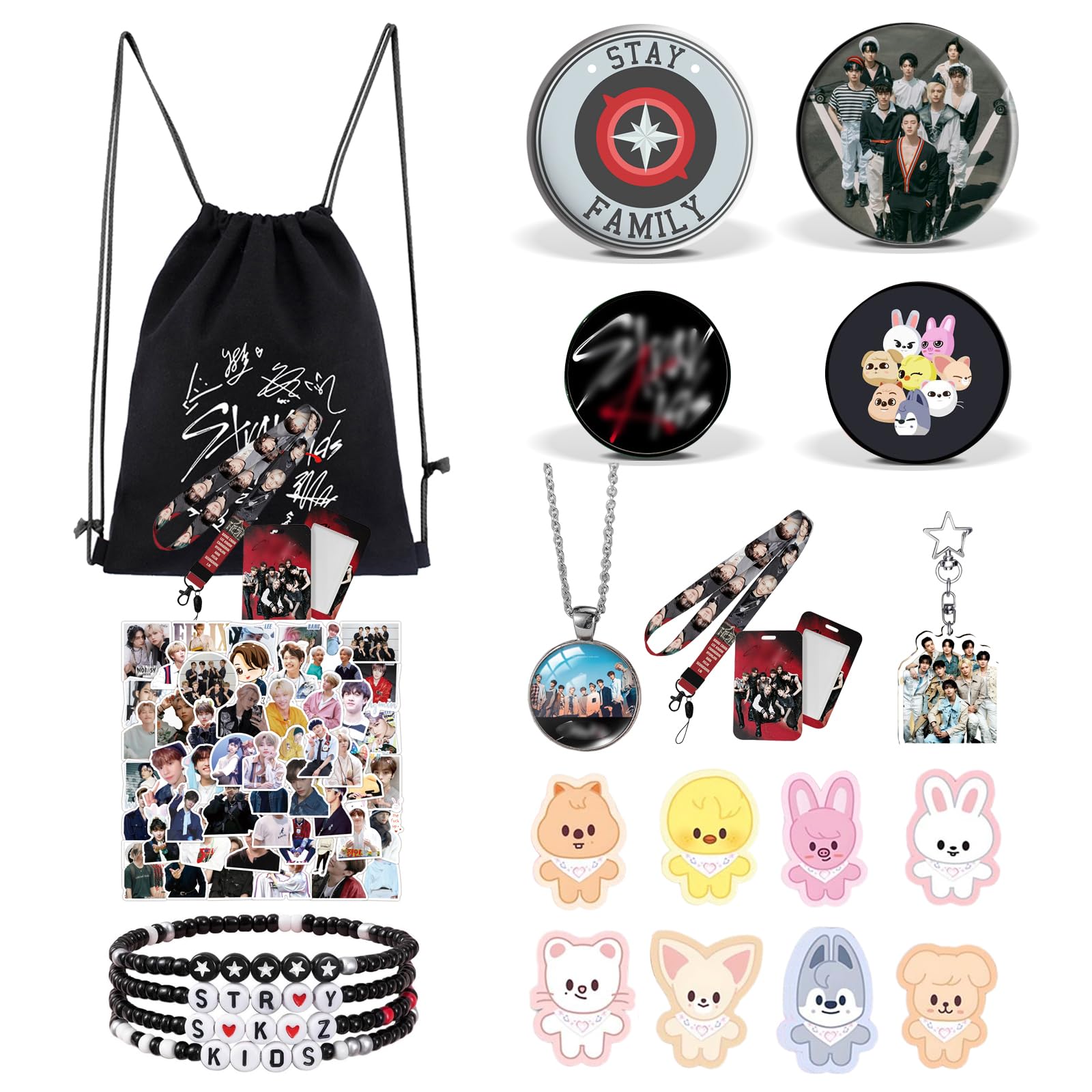 OptiPlay Kpop SKids Merch Gifts Set, Kpop Merch Gifts Set, Includes1 Backpack, 4 Bracelets, 10 Cartoon Badge, 1 Keychain, 1 ID Card Holder, 2 Phone Ring Holder, 1 Necklace, 50 Stickers
