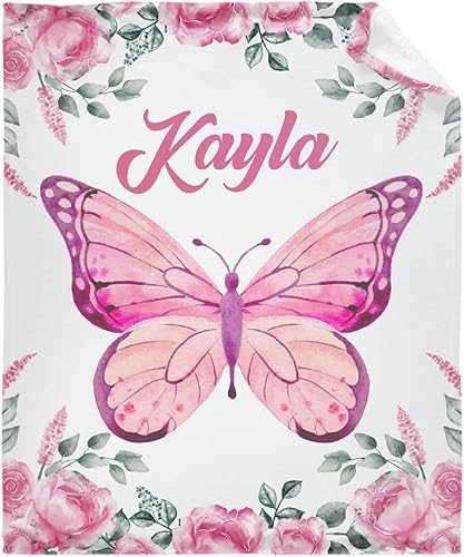 Manta de mariposa personalizada con texto y nombre, manta de franela personalizada para niños, regalo de 50 x 40 pulgadas, tamaño pequeño para niños