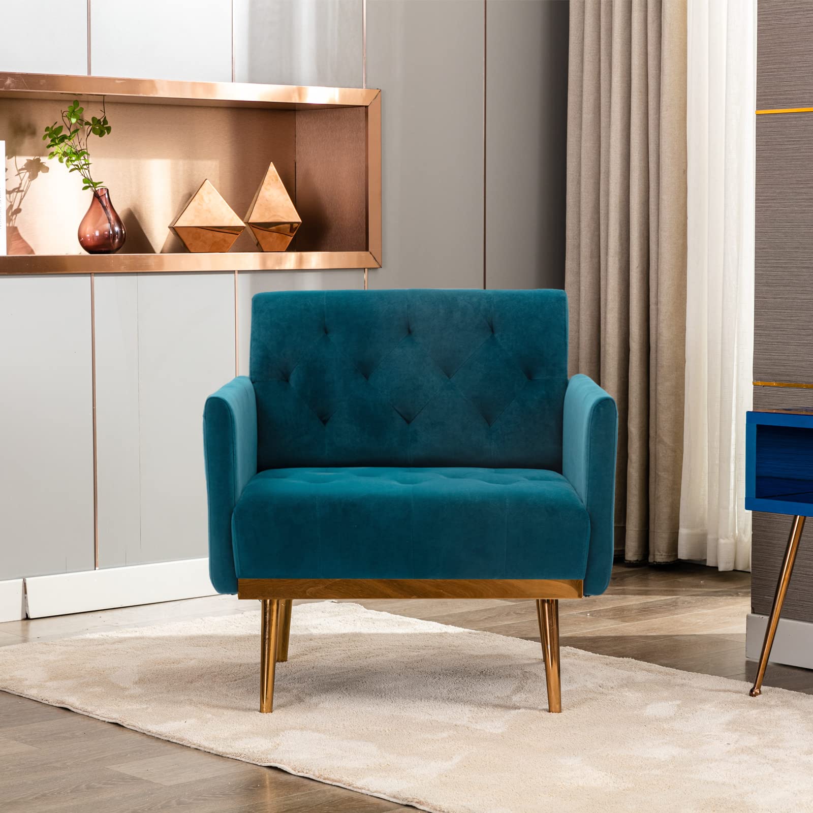 Modern Velvet Accent Chair, Upholstered Single Sofa Arm Chair with Rose Gold Metal Trim, Comfy Living Room Lounge Armchair for Relaxing, Teal
