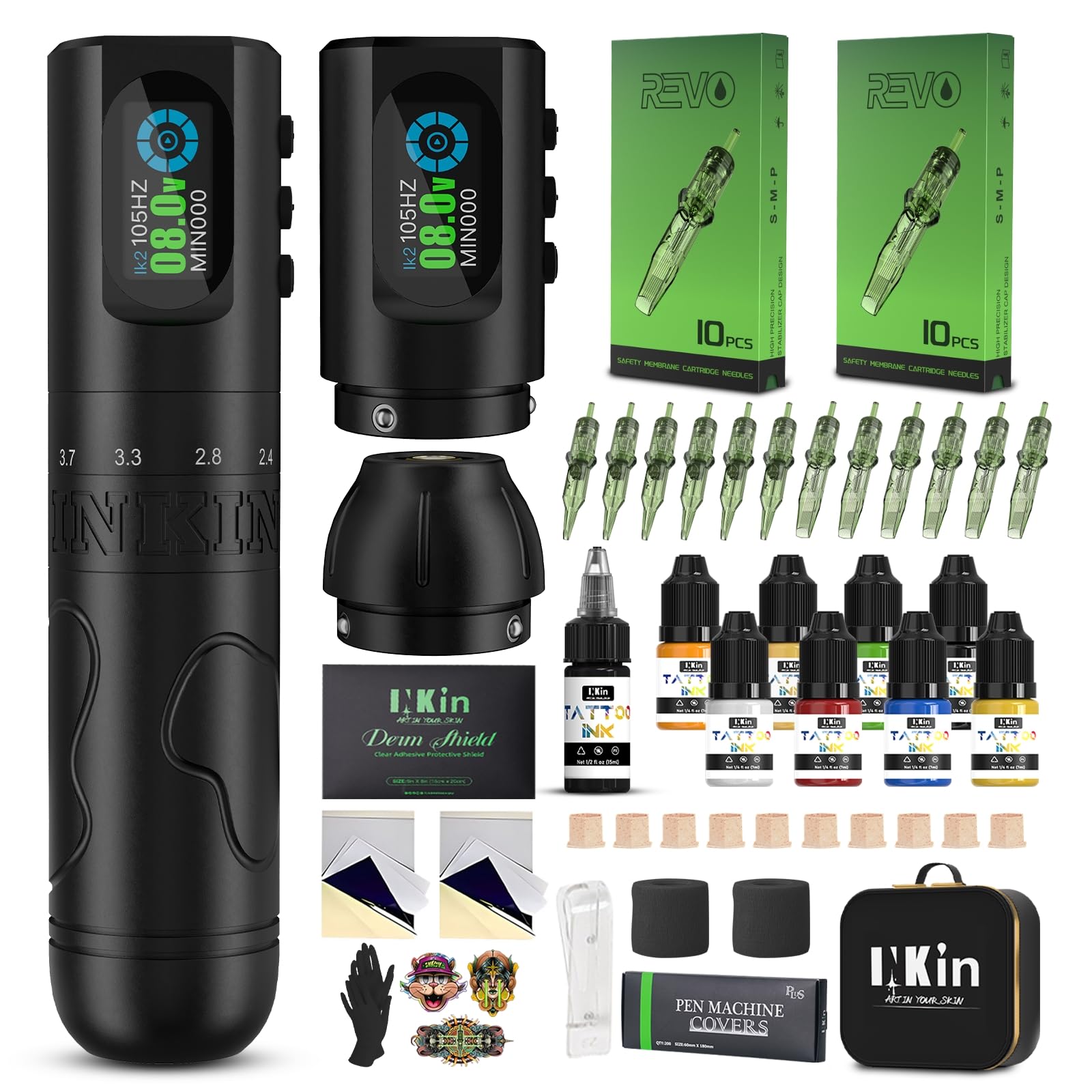 INKin Maquina de Tatuar Kit Completo con 6 Tiempos 2.0-4.2mm y Batería 2 Piezas de 1600 mAh Fuente de Alimentación y Revo Agujas Tatuaje, Tinta Tatuaje, Kit Tatuaje Profesional INKflexo para Tatuadore
