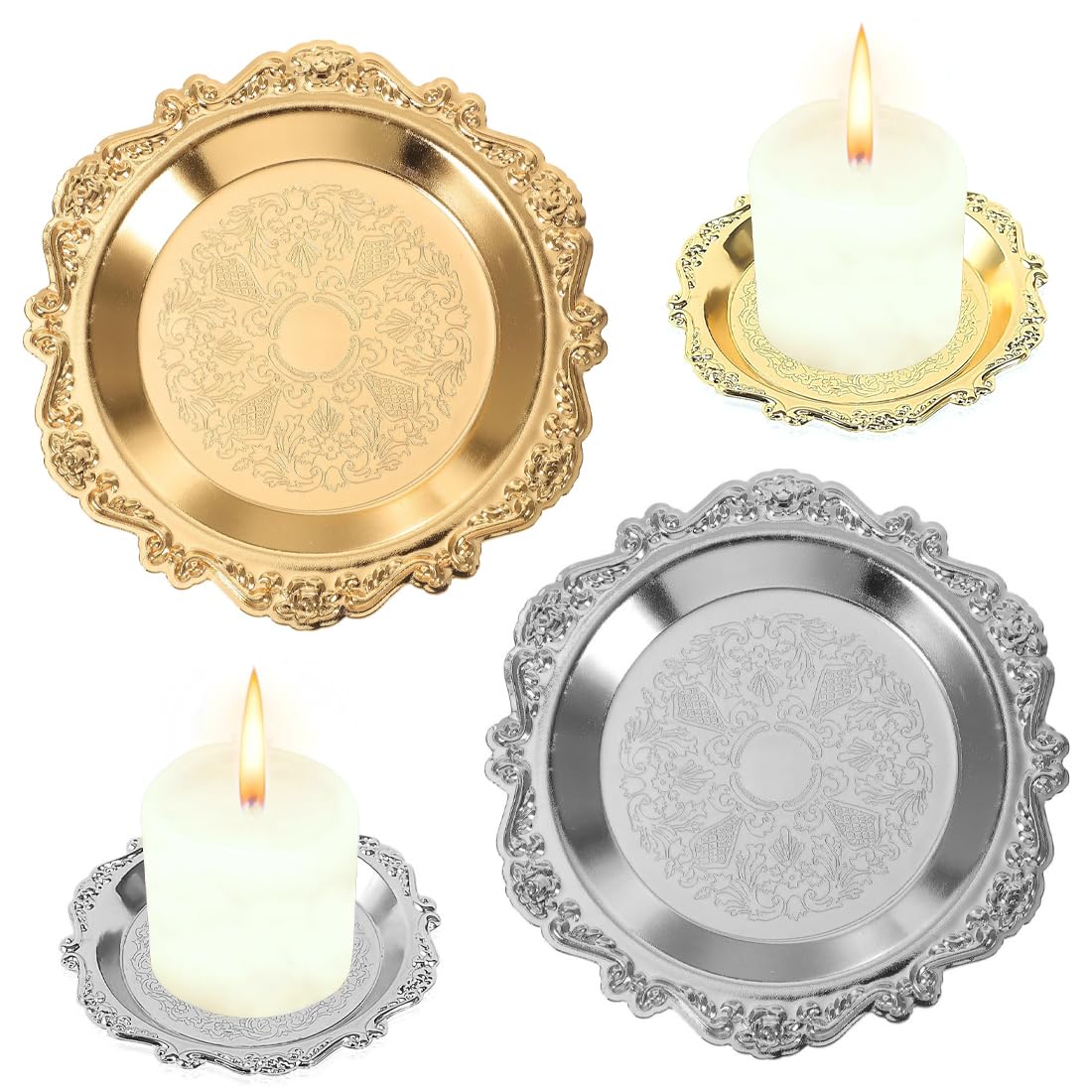 2 Portacandele In Metallo Oro E Argento - Diametro 10cm, Per Candele E Decorazione, Con Motivi Incisi - Foto 6