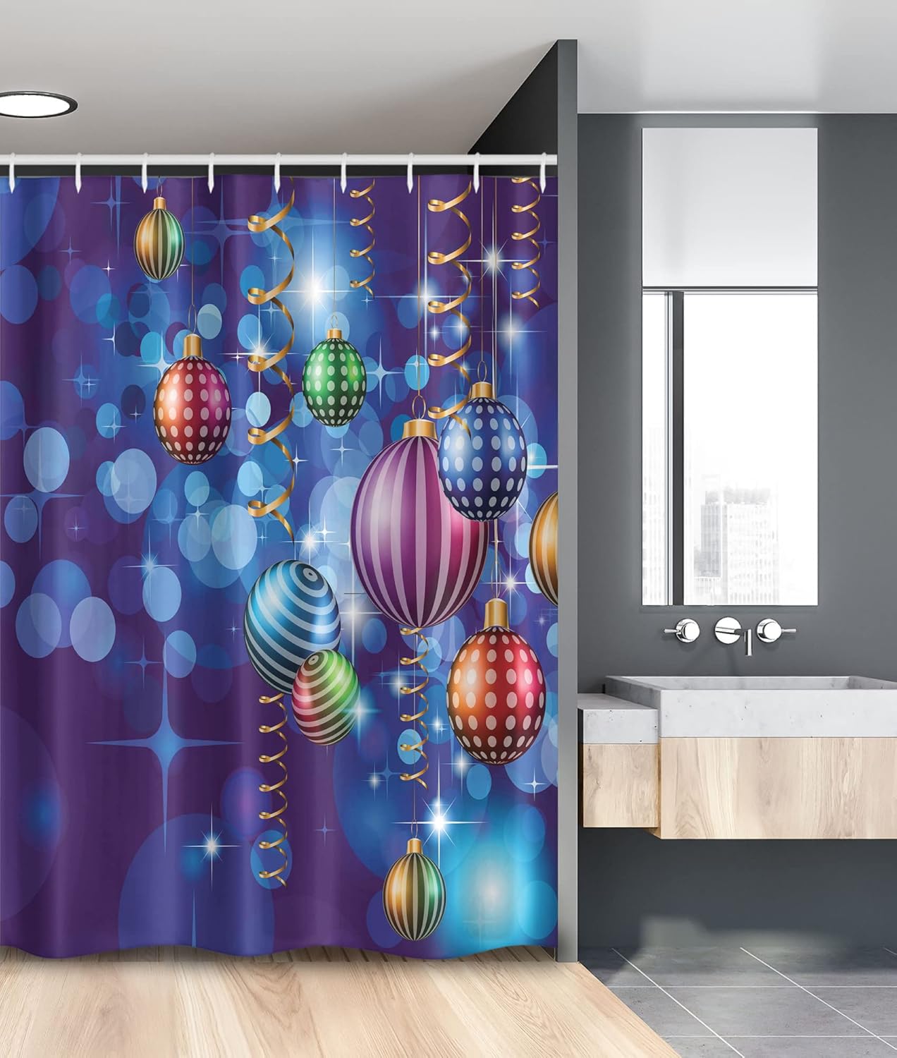 Ambesonne Christmas Stall Shower Curtain, Happy New Year Party Celebrations Swirling Ornaments and Balls Print, Fabric Bathroom Decor Set with Hooks, 54" W x 78" L, Indigo