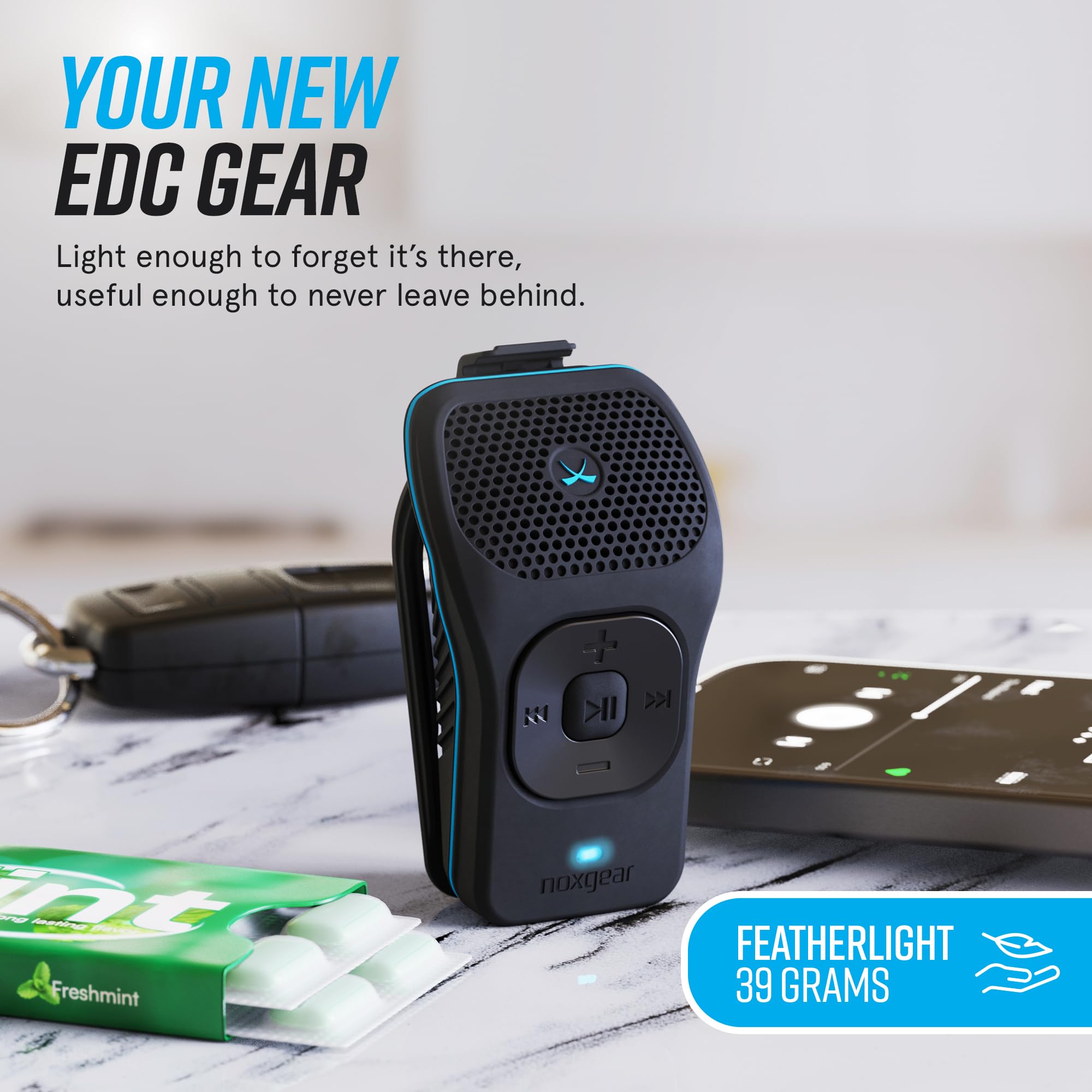 noxgear Altoparlante Bluetooth indossabile da 39 g, mini ingranaggio magnetico EDC, impermeabile fino a 15 ore di riproduzione | Altoparlante a clip, altoparlante indossabile con microfono, portata di