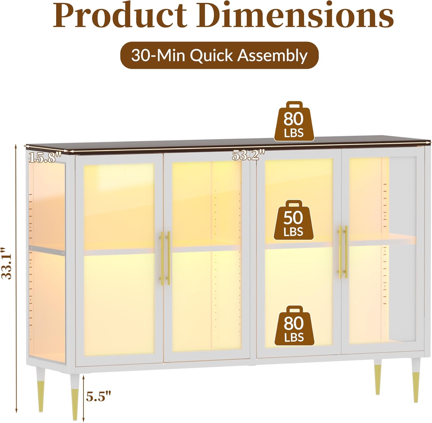 Glass Sideboard Buffet Cabinet with LED Lights, Metal & Wood Modern Storage Cabinet with 4 Glass Doors, Adjustable Shelves, Coffee Bar Cabinet for Kitchen, Living Room, Dining Room, Entrance, White